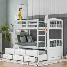 Twin over Twin Wood Bunk Bed with Trundle and Drawers,White (Color: White)