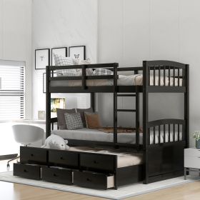Twin over Twin Wood Bunk Bed with Trundle and Drawers,White (Color: Espresso)