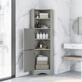 Tall Bathroom Corner Cabinet; Freestanding Storage Cabinet with Doors and Adjustable Shelves; MDF Board; Gray (Color: Gray)